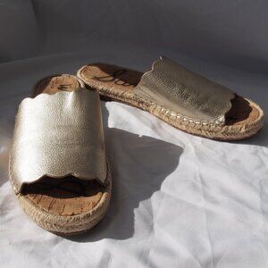 Sam Edelman - Andy Scalloped Leather Slide Cork Sole Bright Gold Size 7.5